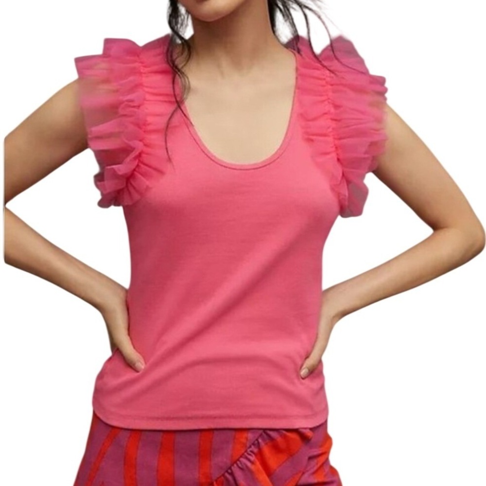 Anthropologie‎ Dolan Pink Ribbed Ruffled Tank Top Medium Tulle Feminine Barbie